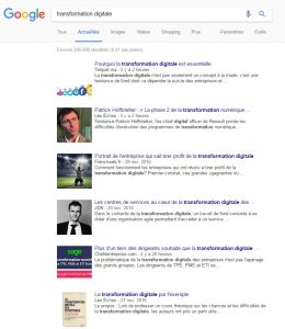 Capture d'écran de Google Actualité pour la requête "Transformation Digitale"
