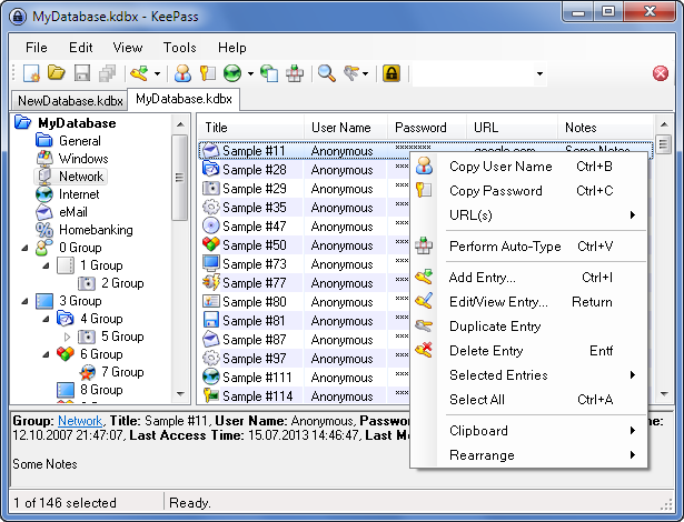 capture d'écran du logiciel de gestion de mot de passe keepass2